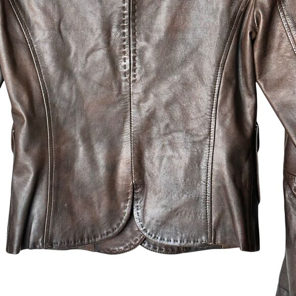 Mango Y2K Brown Leather jacket distressed collared blazer size 4 - Picture 8 of 10